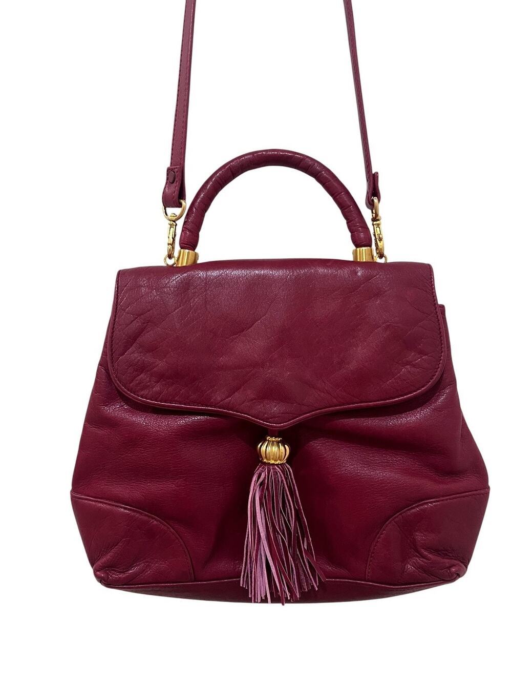 Albert Nipon Satchel Womens Medium Burgundy Leather Top Handle Tassel Crossbody